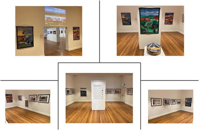 A set of five photographs that look like an art gallery, with art paintings on the wall.