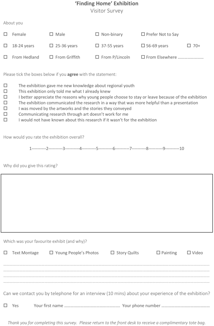 An unfilled form of finding home exhibition visitor survey. It contains the about you section and a few checkboxes and text areas for survey questions