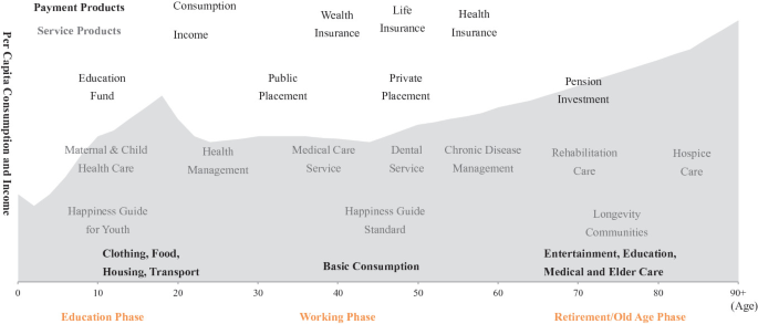 A graph depicts the per capita consumption and income versus the phase of the full life cycle and age. It has an education phase with clothing, food, and transport. The working phase with basic consumption. The retirement of the old age phase with medical care.
