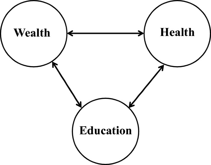 A cycle diagram of the golden triangle of education. It consists of wealth, health, and education. All are denoted by double arrows.