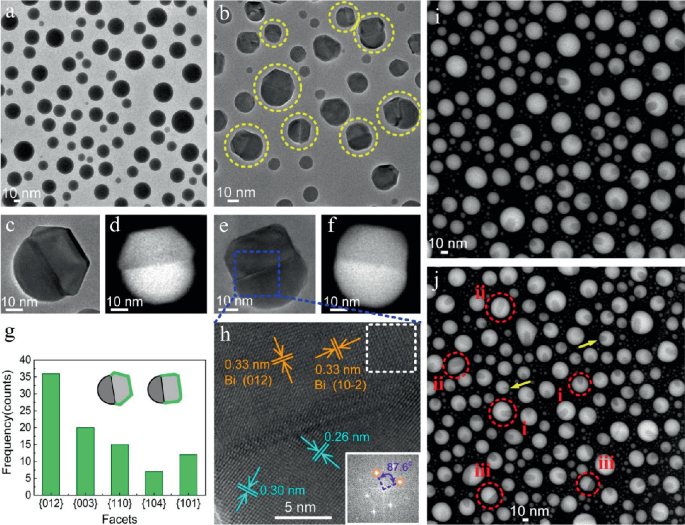 Nine greyscale photomicrographs of several dots of different sizes at a scale of 10 nanometers. A few dots are circled in parts b and j and closer views are reported in parts c, d, e, f, and h. Part g is the frequency versus facets histogram.