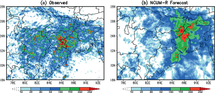 Two illustrations display an observed and N C U M R forecast. The eastern regions are observed with higher lightning flash counts at around 250.