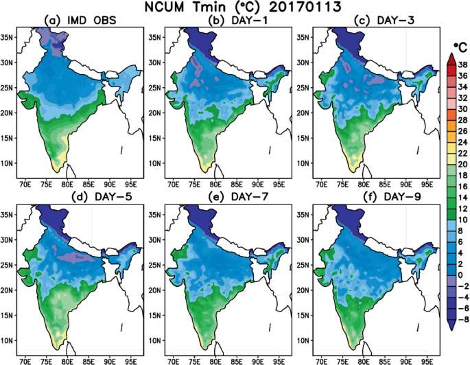 Six maps of India depict the N C U M minimum temperature observed on days 1, 3, 5, 7, and 9. The southern regions have the highest value of 20 to 24 degrees Celsius.