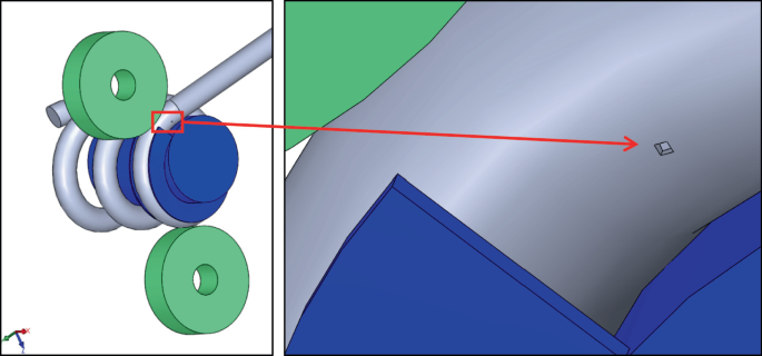 Two diagrams depict the 3 D model of the spring wire and a close-up view of its portion with a cubical hole in it.