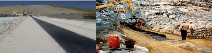 A set of two photographs of the asphaltic concrete core. A machine lifts a concrete core under the supervision of engineers.