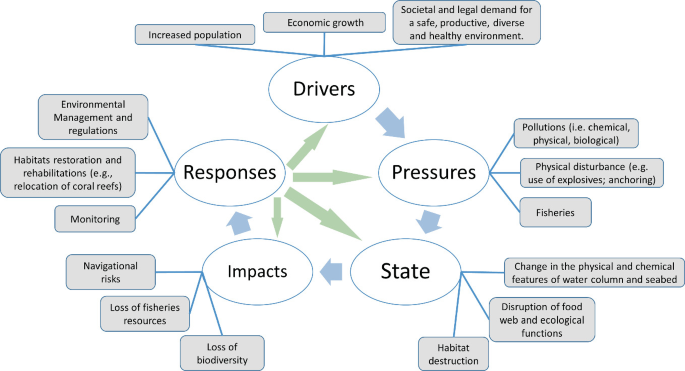 A schematic of the D P S I R framework. The relationship between drivers, pressures, states, and impacts, as well as the subsequent responses to all the other factors are classified.