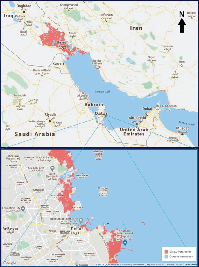 The maps of the Gulf Region and Doha’s metropolitan area represent the areas that are at risk. The below water level and current water body are highlighted in the map.