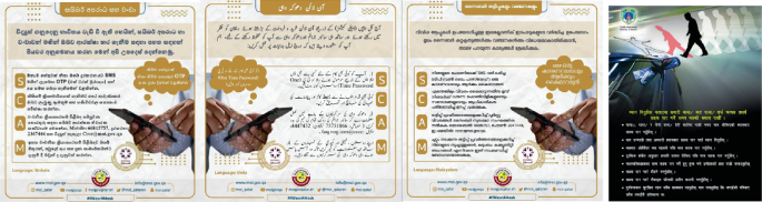 Four posters. A, B, and C are the same posters in 3 different languages, Sinhala, Urdu, and Malayalam about scams. The logo of the ministry of interior of the State of Qatar. D is a poster has texts in Nepali about car accident awareness.