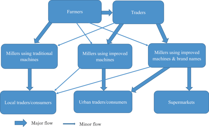 A flowchart shows farmers and traders linked to the consumers and supermarkets through major and minor flows.