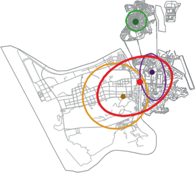 An outline map depicts the results after the urban integration of non-residential points in Cotai and Hengqin. The standard deviational ellipse covers the dense residential area in the central part of Hengqin.
