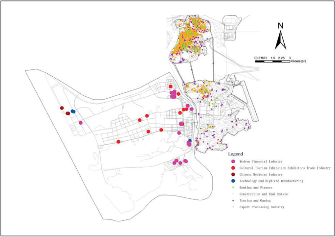 An outline map of Macao and Hengqin depicts the spatial distribution of four pillar industries analyzed in G I S. Real estate industries are the most widely distributed in Macao, Cultural and commerce in Hengqin.