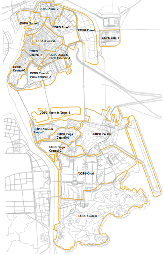 An outline map of Macao displays the zone planning (18 areas), considering the population distribution, characteristics, and functions of statistical areas.