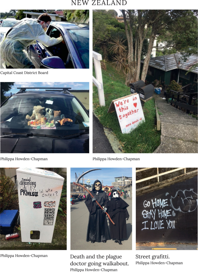 6 photographs. 1. A man checks on a person who is in the car. 2. An empty street. 3. A car with toys. 4. A trash can. 5. 2 people dressed as death. 6. A sign that says go home.