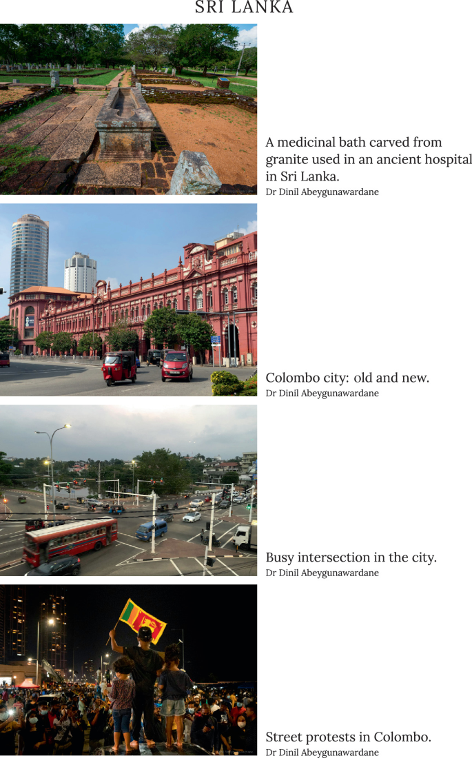 4 photographs titled Sri Lanka. 1. An empty garden. 2. A building with two vehicles in front of it. 3. A transport junction with few vehicles. 4. People gathered in protest.