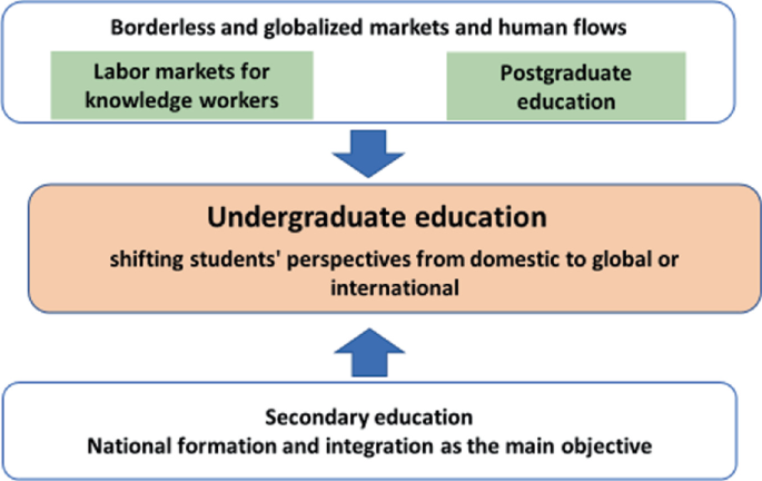 A model diagram of the functions of undergraduate education. It describes how it is related to globalized markets, higher education, secondary education, and other sectors.