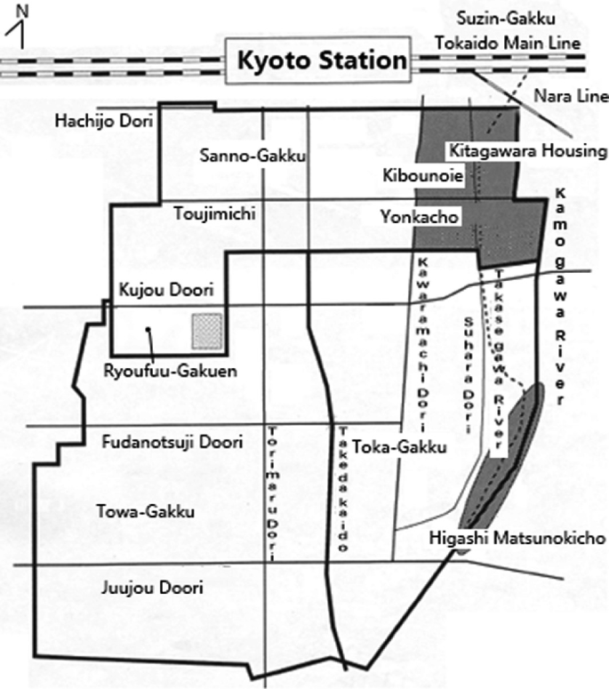 A sketch of the neighborhood of Higashikojo. Some of the places from the north to the south are Kyoto Station, Suzin-Gakku Tokaido main line, Hachijo Dori, Sanno-Gakku, Kitagawara housing project, Kibounoie, Toujimichi, Yonkacho, Kujou Doori, and so on.