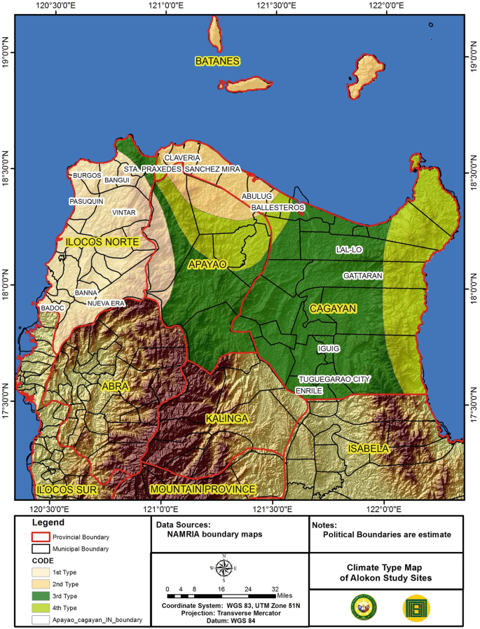 A map of ilocos norte, apayao, cagayan, isabela, kalinga, mountain province, ilocos sur, and abra. The provincial and municipal boundaries are marked. The legend is present on the bottom left of the map, and further contains code, with 4 types.