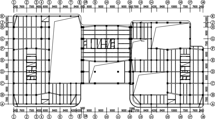 A diagram of the floor plan of 3 buildings connected to each other in a row. It includes 18 horizontal sections and 10 vertical sections.
