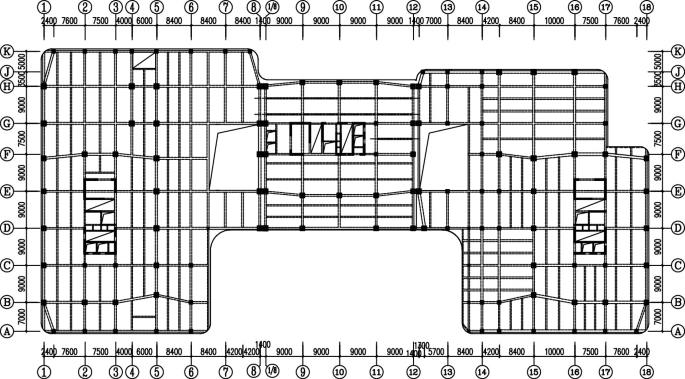 A diagram of the floor plan of 3 buildings connected to each other in a row. It indicates 18 horizontal sections and 10 vertical sections. it exhibits the grid lines across the entire floor.