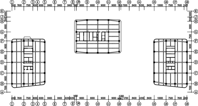 A diagram of the floor plan of 3 buildings. it indicates the roof of the buildings distant from each other with 2 on either side and in the middle. It includes 18 horizontal sections and 10 vertical sections.