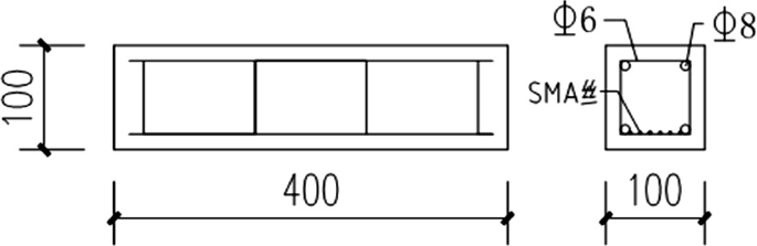 An illustration of reinforcement of test beam measurements. The length of a rectangle is 400 and the breadth is 100. The side of the square is 100.