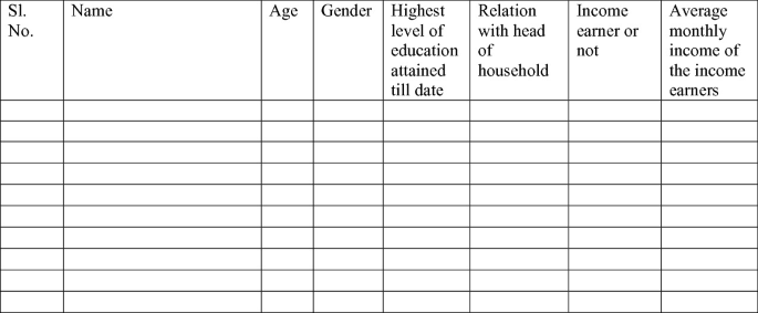 A table lists the following columns: serial number, name, age, gender, highest level of education, relationship with the head of household, income earner or not, average monthly income etcetera.