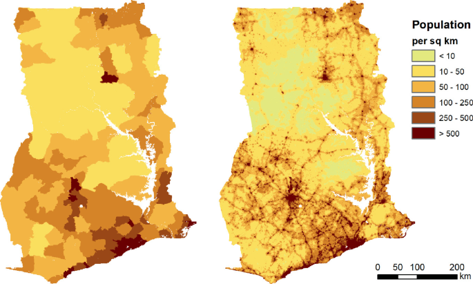 An image of population density datasets. It mentions population per kilometer and values. It denotes Ghana.