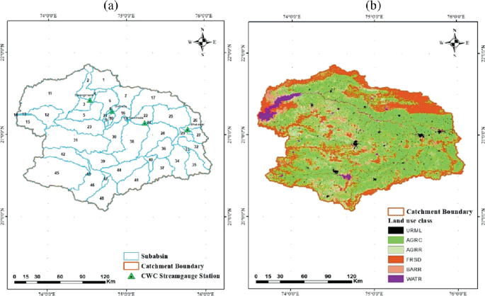 2 maps of sub-watersheds and L U L C map of M T B of a and b. In a sub-basin, catchment boundary, and C W C marked. In b, the catchment boundary is a border along with 6 land use classes distributed. A G R C distributed widely.