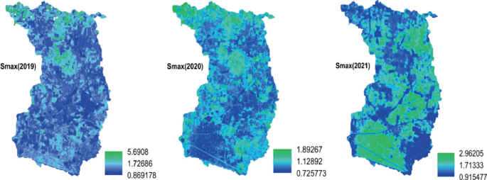 Three color gradient maps compare the spatial patterns of canopy storage capacity over the years from 2019 to 2021. A color gradient scale with high and low values marked is beside each. The overall S subscript max across the entire map decreases as we move from 2019 to 2021.