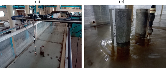 Two photographs of an acoustic doppler velocimeter fitted near the single pier and double piers.