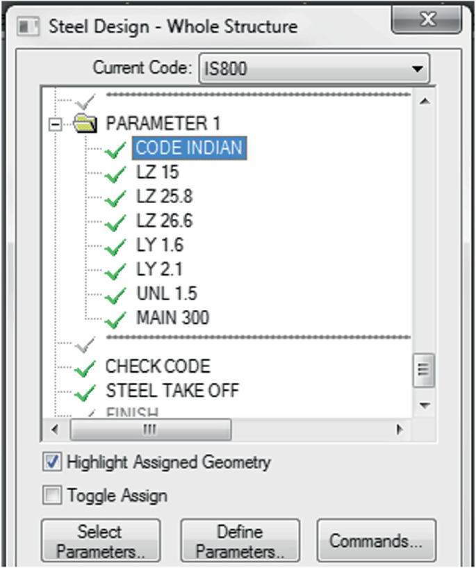 A screenshot of the steel design, whole structure window. The current code is I S 800. All parameters are ticked right. 3 tabs of select parameter, define a parameter, and commands are at the bottom.