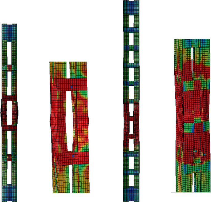 2 contour mesh models of the tall blocks along with their magnified views present the maximum stress at deformity in the center section. The left contours present the outward bent and the right contours present the inward bent.