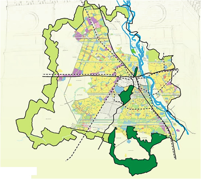 A map of New Delhi is divided into different parts with the help of dashed lines. The Yamuna River path is also depicted on the map.