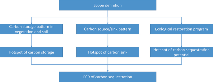 A flow diagram of the Delineation of ECR for carbon sequestration. The flow starts from scope definition, carbon storage, carbon sink, carbon sequestration, and hotspot of all carbon elements.