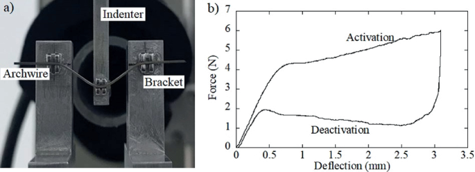 A. A photograph represents the bending of an Archwire by an indenter with the help of two brackets. B. A line graph plots force versus deflection. Two lines depict the ascending trends and form an irregular rectangle structure. The top portion is labeled activation, and the bottom is labeled deactivation. The maximum force is 6 newtons. The value is an approximation.