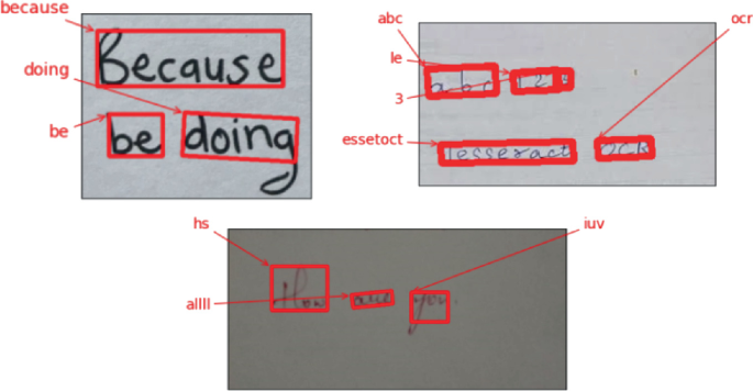 Three Photographs of handwritten notes. The first one reads because be doing. The second one reads a b c 1 2 3, tesseract O C R. The third one reads how are you. Each photo highlights the written text with rectangular boxes and indicates the typed version of the text.