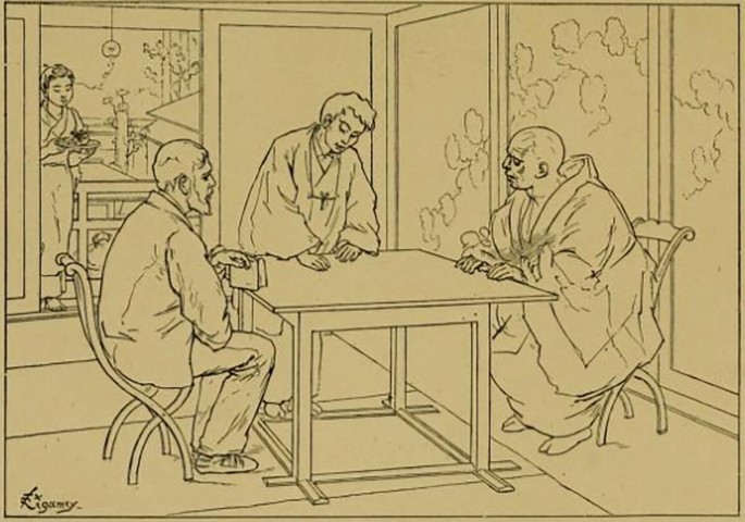 A sketch of two men seated, and one man standing around a table in a room and having a conversation. Another person is at the entrance of the room holding a plate with food.