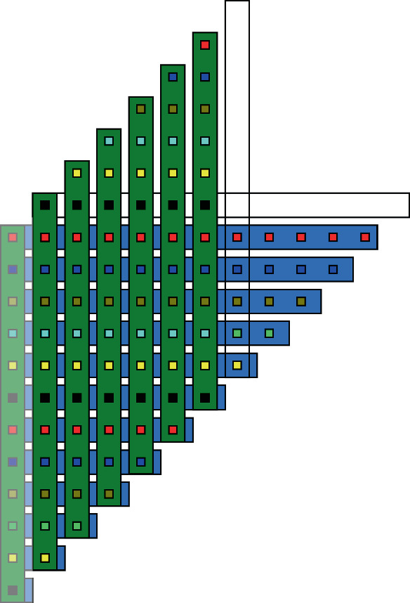 An illustration of crisscross slat tiles. 12 horizontal slats are placed one beside the other, and 7 vertical slats placed on top of horizontal slats are bound together with a square dot. One empty horizontal and vertical slat to the right and top gives possible attachment.