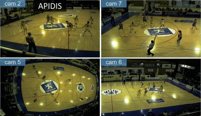 4 snapshots of a basketball match taken from different angles. The first frame is labeled A P I D I S cam 2. The second frame is cam 7. The third is cam 5. The fourth is cam 6. The photos in the first 2 frames are inclined and zoomed in. The photo in frame 3 is taken from the top. The photo in frame 4 is zoomed out and inclined.