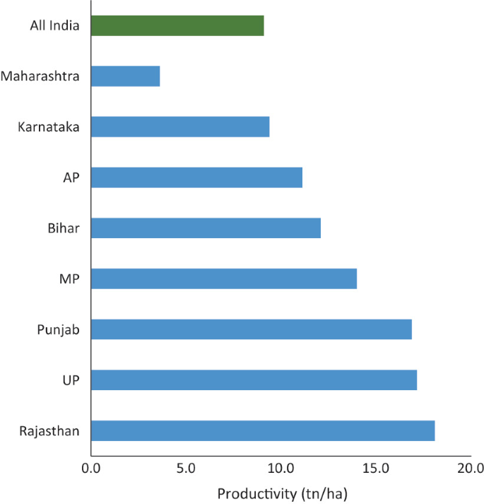 A horizontal bar graph depicts the mango productivity in t n per h a in all of India, Maharashtra, Karnataka, A P, Bihar, M P, Punjab, U P, and Rajasthan. Rajasthan had high productivity while Maharashtra had low productivity.