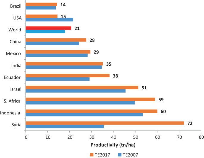 A horizontal bar graph of the banana productivity in t n per ha for T E 2007 and T E 2017 in Brazil, U S A, World, China, Mexico, India, Ecuador, Israel, South Africa, Indonesia, and Syria. The productivity of T E 2017 was high in Syria and low in Brazil. The productivity of T E 2007 was high in Indonesia and low in Brazil.
