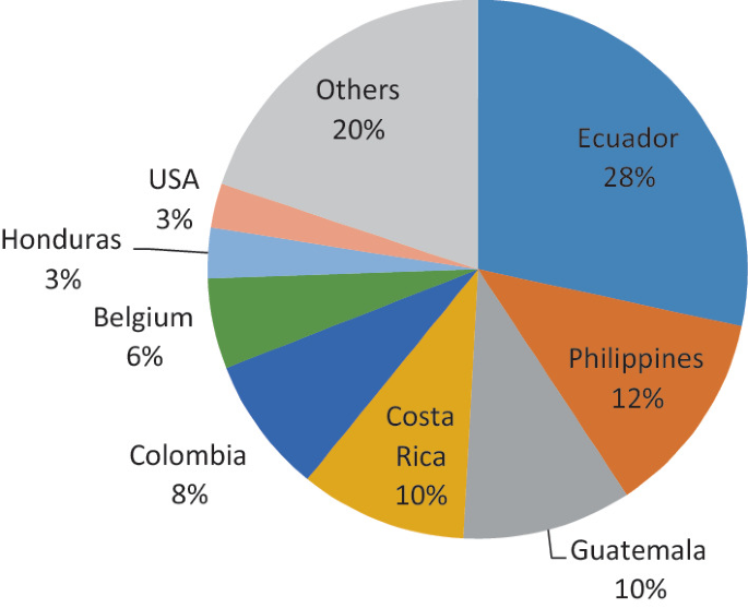 A pie chart depicts the percentage share in global banana exports. It plots Ecuador 28 % , Philippines 12 % , Guatemala 10 % , Costa Rica 10 % , Colombia 8 % , Belgium 6 % , Honduras 3 % , U S A 3 % , and others 20 % .