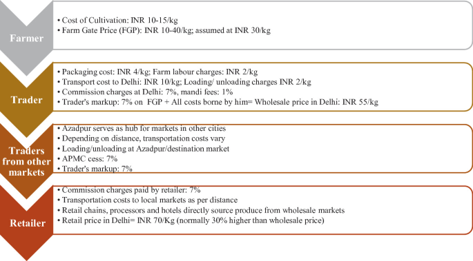 An illustration depicts the domestic value chain of grapes from 2015 to 16. 1. Farmer. 2. Trader. 3. Traders from other markets. 4. Retailer. Commission charges, packaging costs, transport costs, and traders' markup are depicted.