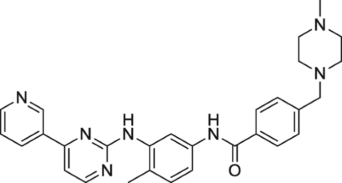 The molecular structure of imatinib consists of multiple rings and bonds including a pyridine ring, with nitrogen and oxygen atoms.