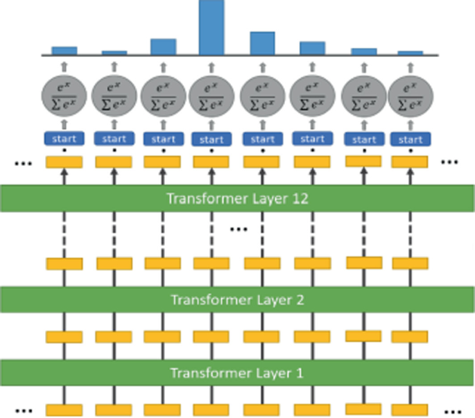 A graphic defines how the start token classifier works. The C L S token input goes from transformer layer 1 to transformer layer 12 and is split into start sequences, embedded into segments, and graphs are plotted.