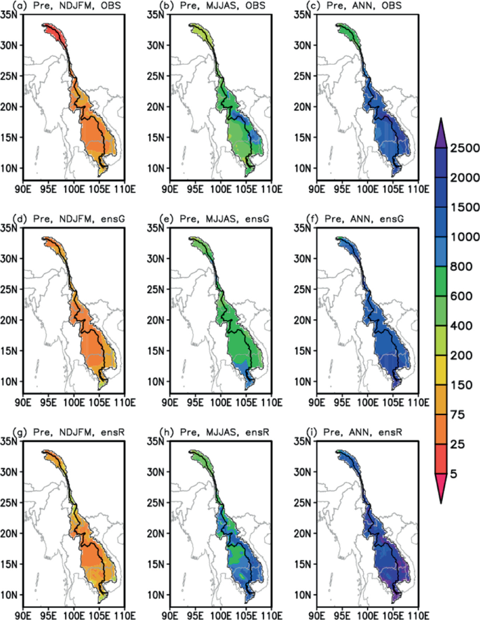 9 spatial distributions of the Mekong River basin have a color scale representing millimeters. A, d, and g represent the precipitation of N D J F M. b, e, and h represent the precipitation of M J J A S. c, f, and i represent the precipitation of A N N in O B S, e n s G, and e n s r, respectively.