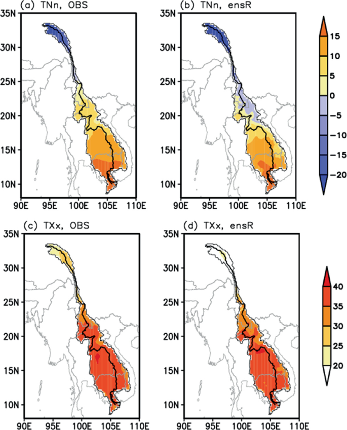 4 spatial distributions of the Mekong River basin are titled as follows. a. T N n, O B S. b. T N n, e n s R. c. T X x, O B S. d. T X x, e n s R. A and b has one color scale and c and d has another color scale representing temperature on the right.