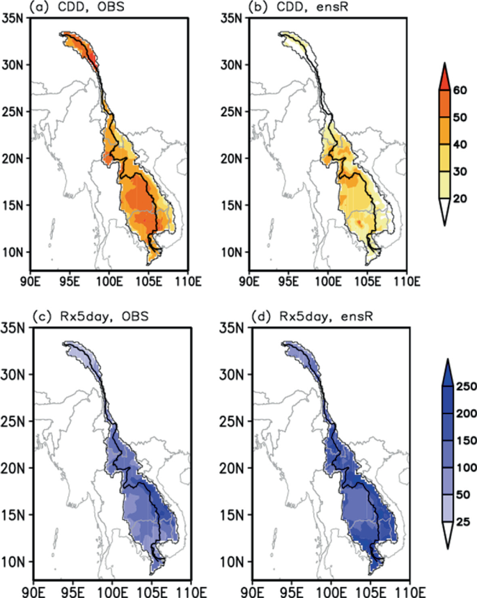 4 spatial distributions of the Mekong River basin are titled as follows. a, C D D, O B S. b, C D D, e n s R. c, R x 5 day, O B S. d, R x 5 day, e n s R. A and b has a color scale measuring days, and c and d has a color scale measuring millimeters on the right.