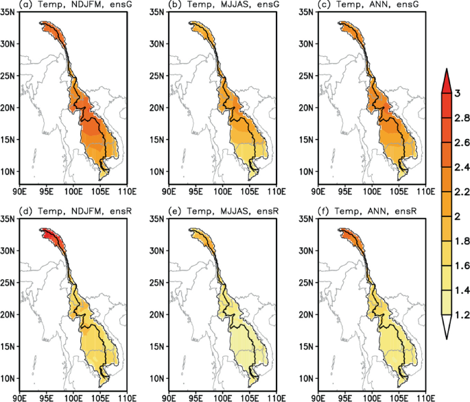 6 spatial distributions of the Mekong River basin has a color scale representing temperature. a and d represent the temperature of N D J F M. b and e represent the temperature of M J J A S. c and f represent the temperature of A N N in e n s G, and e n s R, respectively.