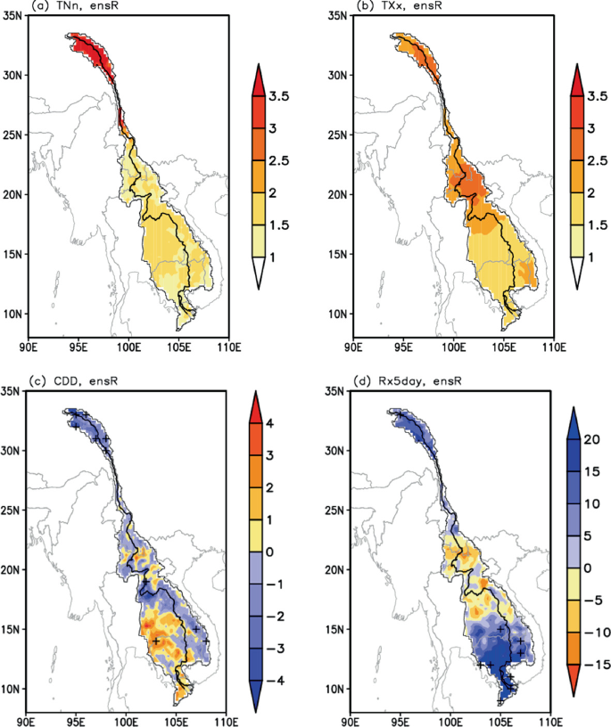 4 spatial distributions of the Mekong River basin with their respective color scale are titled as follows. a. T N n, e n s R. b. T X x, e n s R. c. C D D, e n s R. d. R x 5 day, e n s R.